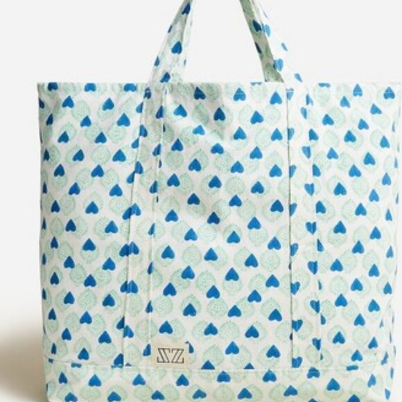 NWT J.Crew SZ Blockprints™ Canvas Baby/Beach Bag Tote Green with Blue Hearts